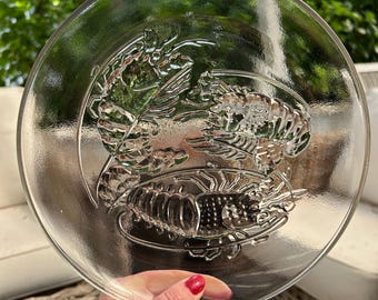 Platos de servir de vidrio transparente con relieve de cangrejo de río / Juego de 6 / Decoración costera de playa / 8,75 pulgadas / Casa de playa / Comedor de verano / Vintage