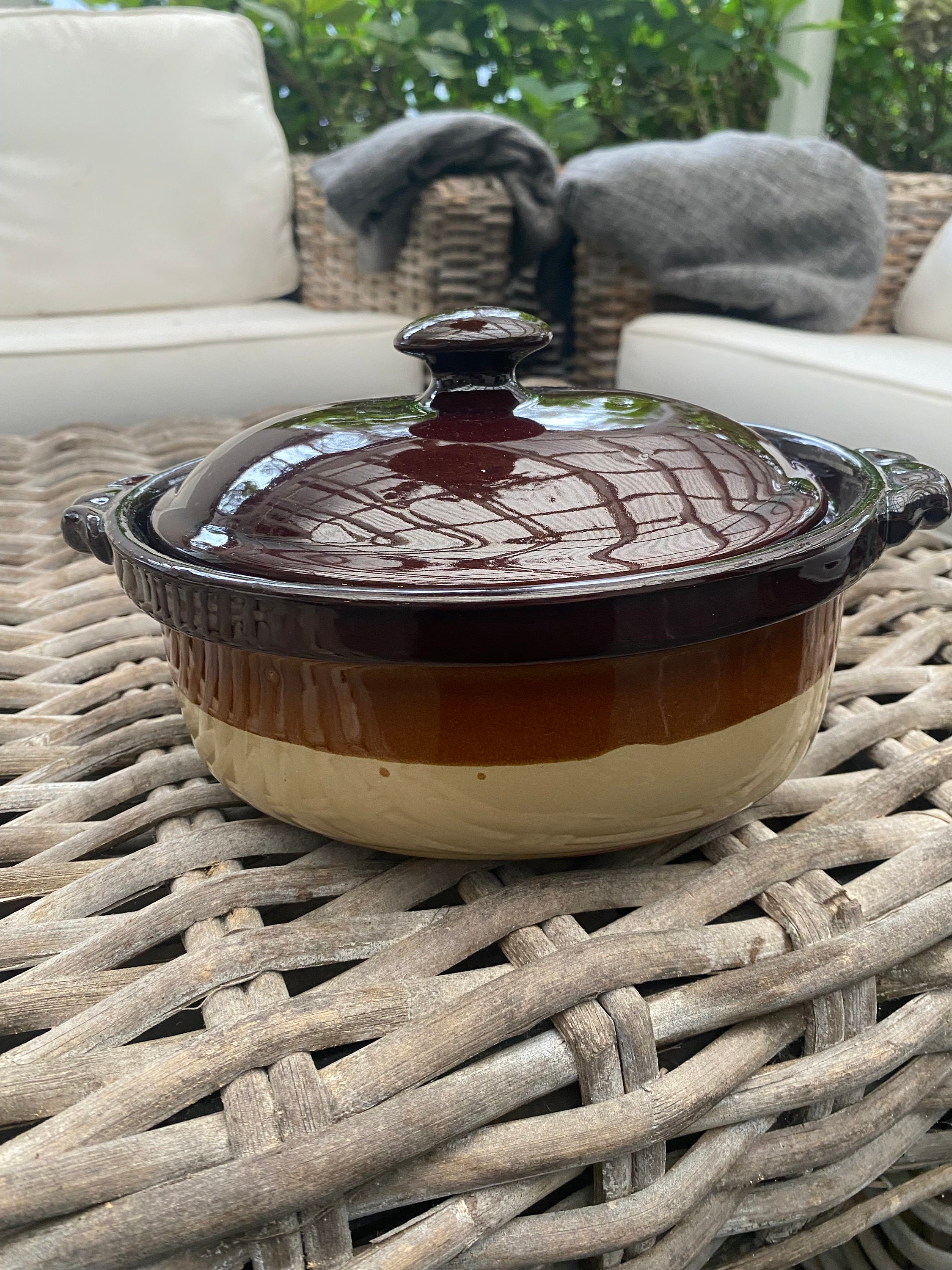 Vintage Taiwan Oval Ceramic Pot | Rustic Kitchenware | 1970s Boho Decor