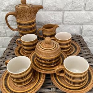 Retro Hand-Painted Coffee Set | 1970s Japanese Pottery | Complete Coffee Service with Unique Textured Design