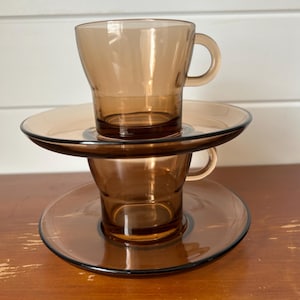 Smokey Brown Glass Duralex Cup & Saucer Set | 2 Cups + 2 Saucers