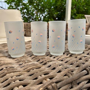 Floral Frosted Glasses | Set of 4 | Pink & Blue Flower Design | 1980s | Kitchen Decor | Floral | Vintage Glassware | Retro |