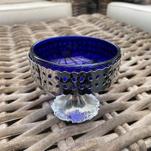 Elegant Cobalt Blue Glass Sugar Bowl | Silver Plated Pedestal | Vintage Tableware