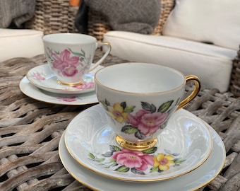 3 Mugs Arcopal Vintage - Motif Fleurs Pomme Coquelicot Liseron - Occasion