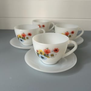 Arcopal | Anémones | Cup & Saucer Duos | Set of 4 | Vintage French |  Opaline Glass | 1960s Floral | Cottagecore