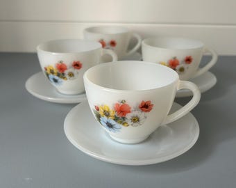 Arcopal | Anémones | Cup & Saucer Duos | Set of 4 | Vintage French |  Opaline Glass | 1960s Floral | Cottagecore