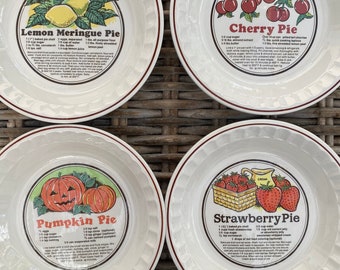 Recipe Pie Plates | Lemon Meringue, Cherry, Pumpkin, Strawberry | Vintage Collectible Kitchen Bakeware with Pie Recipes | 4 Available