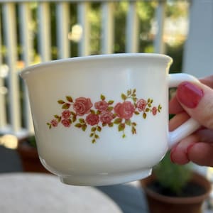Arcopal | Bagatelle | Coffee Cups | Vintage 1970s | White with Pink Roses and Green Band | French Design | Set of 8