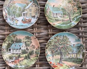 Currier and Ives Seasons Small Plate Collection | Set of 4 Ceramic Plates OR three replacements | 1980s Japanese  | Decorative Seasonal