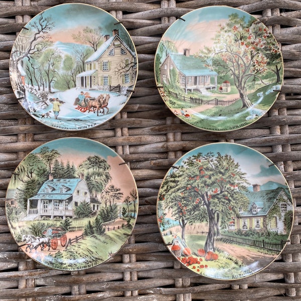 Currier and Ives Seasons Small Plate Collection | Set of 4 Ceramic Plates OR three replacements | 1980s Japanese  | Decorative Seasonal