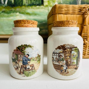 Handcrafted Dutch Ceramic Mustard Pots | Set of 2 | Artisan Village Scenes | Vintage Signed by Catherine