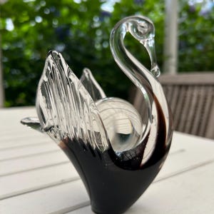 Elegant Hand-Blown Glass Swan Sculpture | Clear and Black Glass Art with Sphere