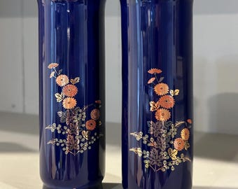コバルトブルー磁器花瓶 ペア | 九谷焼花模様 | 金彩トリム | 1960年代