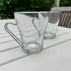 Vitrosax / Tazas de café expreso / Juego de 2 / Asas cromadas / Bormioli Rocco / Vintage años 80 / Italia