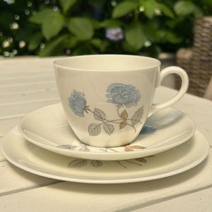 Wedgwood | &quot;Ice Rose&quot; | Trio Set | Teacup, Saucer, Plate | English Bone China | Vintage 1959-1987 | Classic Chic | Stylish | Elegant Gift