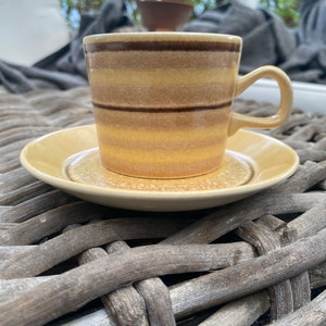 Vintage 1970s Crown Lynn Earthstone Cup & Saucer Set | Brown Yellow Beige Stripes | New Zealand Pottery