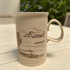 Dunoon Ceramics &quot;Herm Island&quot; Mug | Vintage Scottish Pottery | Brown Illustrated Souvenir | Beige neutral tones