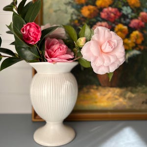 Fluted White Pedestal Vase | White Ceramic | Vintage Farmhouse Style | White decor | Display mantel piece | Charming home | Cottagecore
