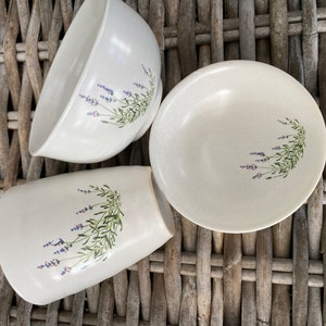 White Ceramic Set | Lavender Design | Bowl, Cup & Saucer/Soap Dish image 1