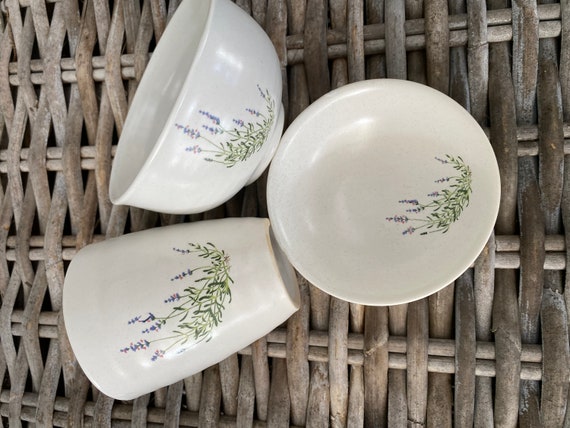 White Ceramic Set | Lavender Design | Bowl, Cup & Saucer/Soap Dish