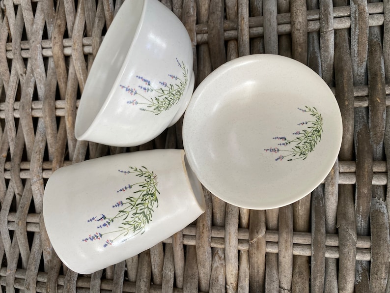 White Ceramic Set | Lavender Design | Bowl, Cup & Saucer/Soap Dish image 1