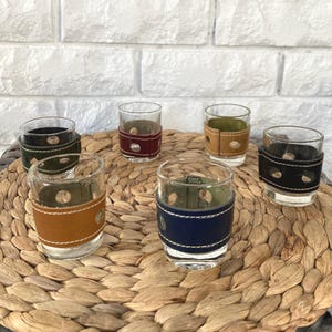 Leather-Banded Shot Glasses Set | Mid Century Vintage Barware | 1960s | Whisky & Tequila