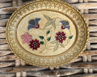 Handbemalte Messingschale | Blumen Motiv | Australische Vintage Haushaltsware | Leura Dekoratives Tablett | Einzigartiges Kunststück