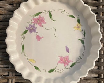 Ceramic Quiche Pie Dish | Pink Yellow Purple Green Floral Design | Microwave Safe Tart Pan | Vintage 1990s | Made in Japan |