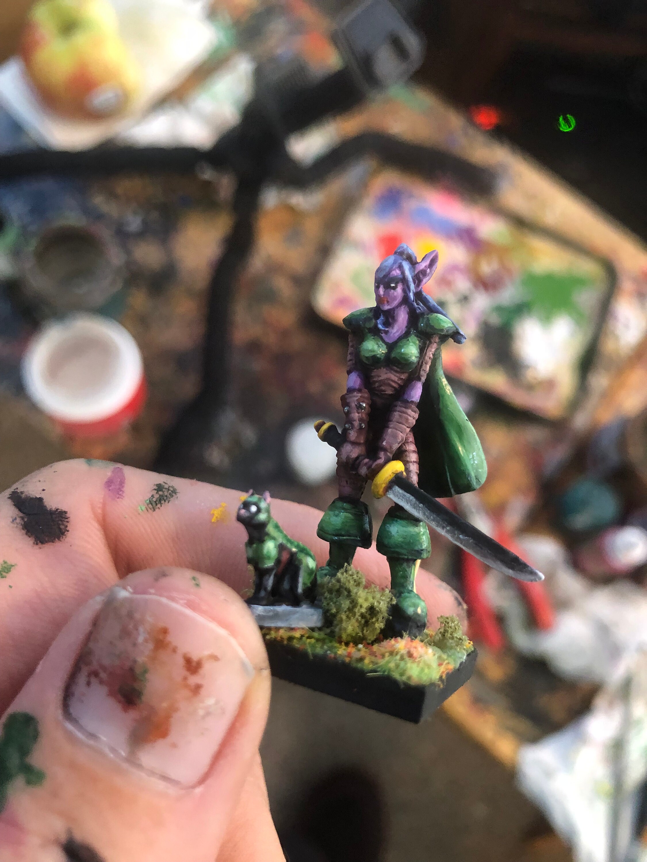 Night Elf Warrior Miniature with Cat Companion, Wood Elf, Warrior, Female Fighter, for Dungeons and Dragons, World of Warcraft, and more!