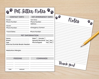 Pet Sitter Notes, Dog Care Information, Pet Sitting Instructions, Printable Pet Care Guide, Dog Sitting Printable, Cat Sitter Printable