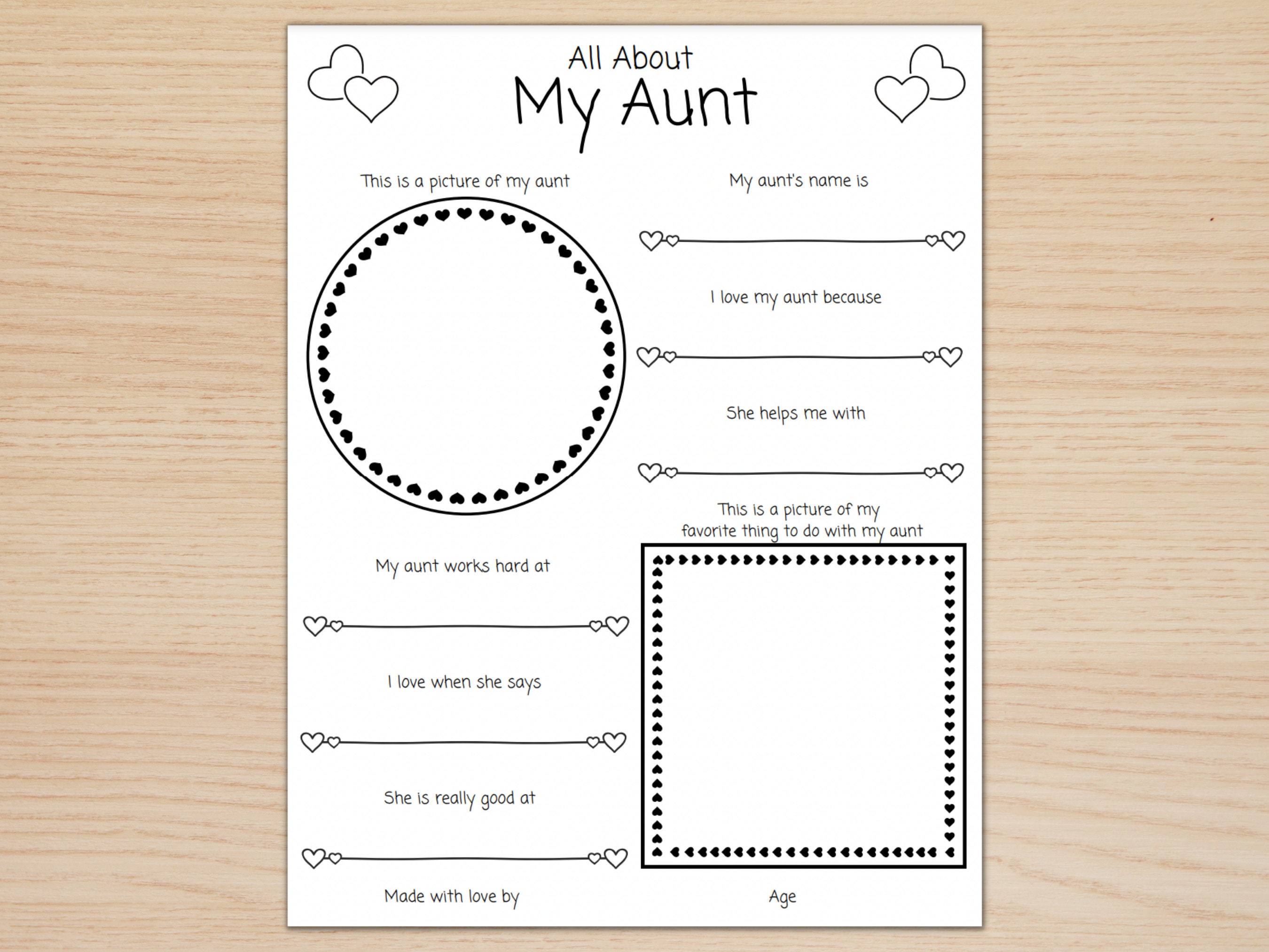 All About My Aunt Printable, Aunt Questionnaire, Mother's Day Printable