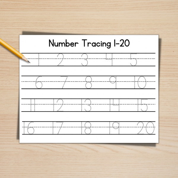 Number Tracing 1-20 Worksheet, Number Writing Practice Printable, Preschool and Kindergarten Worksheet