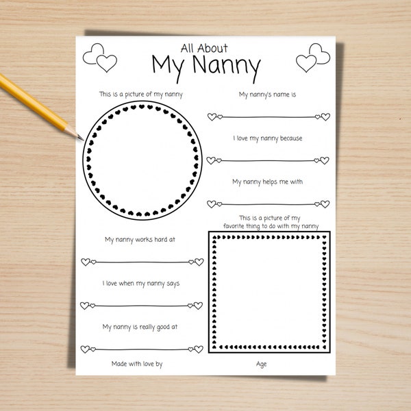 All About My Nanny Printable, Fill in the Blank Card for Nanny, Nanny Questionnaire