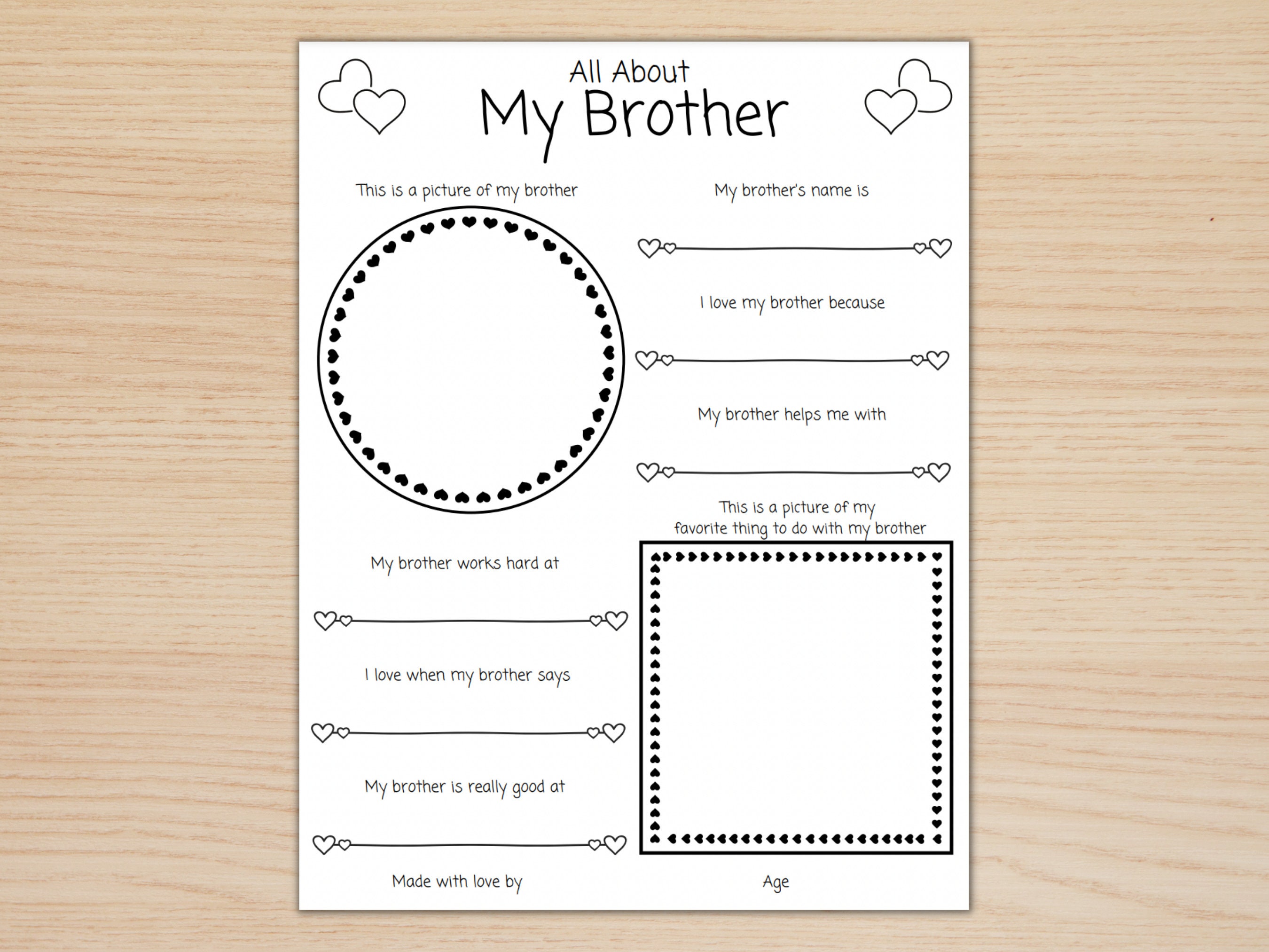 All About My Brother Printable, Fill in the Blank Card, Brother