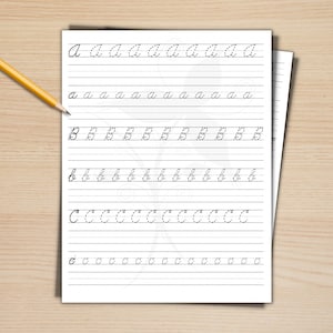 Prática de caligrafia cursiva para impressão, traçado de alfabeto cursivo, prática de caligrafia cursiva