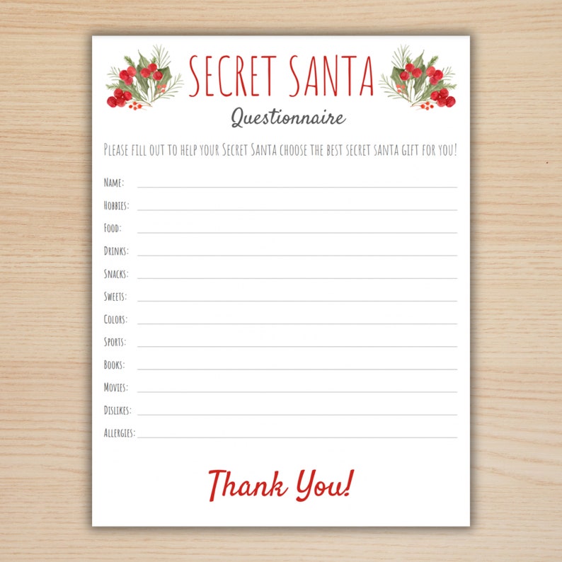 Printable Secret Santa Questionnaire Form, Secret Santa Gift Exchange Printable, Holiday Gift ...
