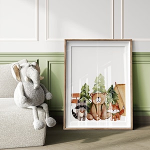 Camping Woodland Animals Nursery Print Watercolor Woodland Animals Camping Nursery Print Little Boy Decor Boy Playrom Decor Fox Bear Racoon