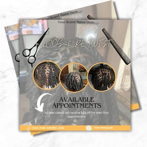 Folheto de locs e estilos, folheto especial de locs, barbearia, loc retwist, folheto de loc de mídia social, folheto de loctician, reserve agora, preto, folheto de barbeiro