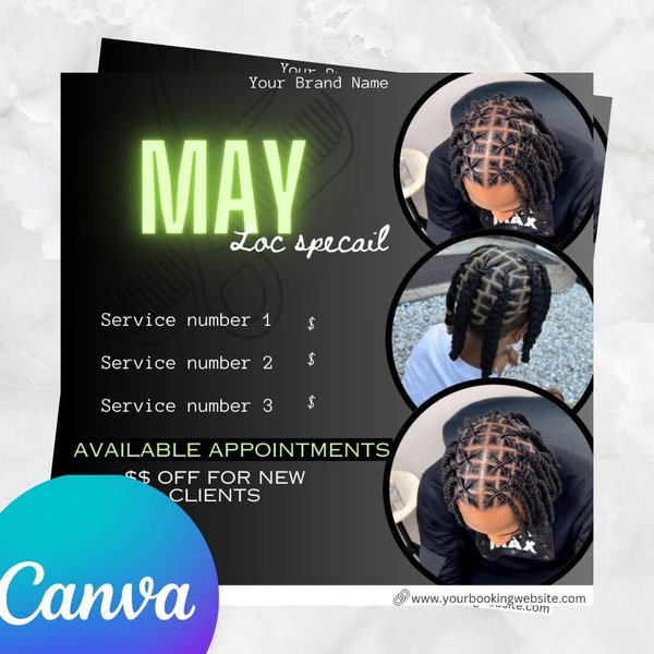 Locs and styles flyer, locs special flyer, barbershop, loc retwist, social media loc flyer,loctician flyer, gold, book now, black,