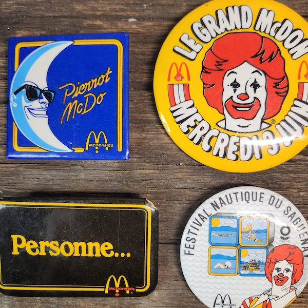 McDonalds collectible Button Pinback from 80S and 90s Macarons Mcdo des années 1980s 1990s Ronald Mcdonald Pierrot McDo collector Gift idea