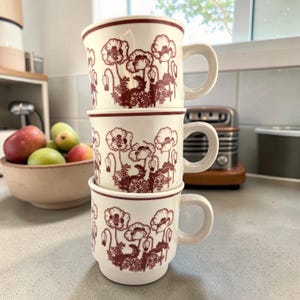 Stoneware Mugs Set of 3 – Red Poppy Floral – Retro Gift