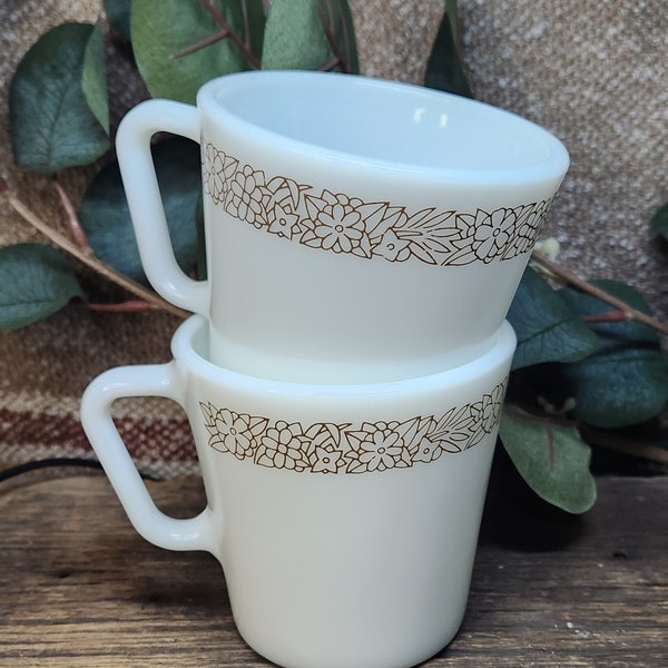 Pyrex Coffee Cup Bundle (2) Vintage Mug Woodland Brown Flowers Milk Glass Corning 1410, 1970, 70s, retro cup, nostalgia, replacement cup.
