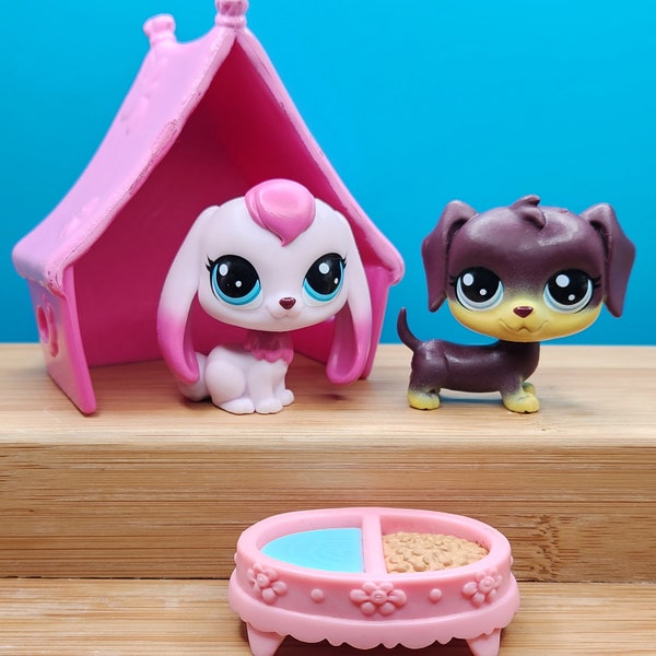 Bundle LITTLEST PET SHOP Collectible animal figure Pink tent, water and food bowl, pink rabbit #102, dog #84 Gift idea, cake topper