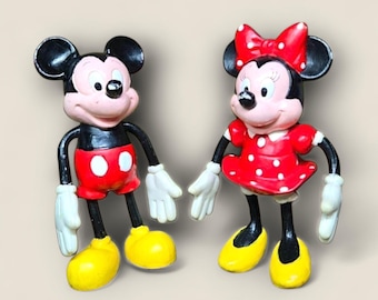 Figuras flexibles vintage de Mickey y Minnie Mouse - Juguetes clásicos de Disney - Juego de 2