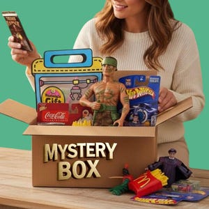 Puede incluir: Una caja misteriosa de cartón que contiene varios juguetes y coleccionables vintage, incluyendo una figura de acción musculosa, un coche Hot Wheels en su empaque, un artículo de Coca-Cola y un juguete de papas fritas de McDonald's sobre madera.