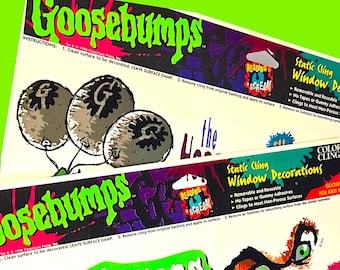 Goosebumps & Halloween Window Clings Lot (3) – Vintage 1995–1996 Goosebumps Static Decorations – Unused Vinyl Sheets