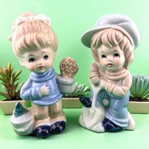 Vintage Taiwan Porcelain Figurines 1970s Boy Girl Pastel Blue White Ceramic