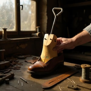 May include: A brown leather shoe being stretched with a wooden shoe stretcher. The shoe stretcher is made of light-coloured wood and has a metal handle. The scene takes place in a workshop with tools and materials on a wooden table.