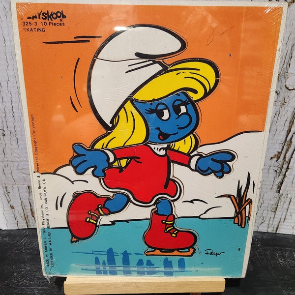 Smurfin Schaatspuzzel Playskool vintage houten puzzel nr. 325-3, 10 stuks, jaar 1982 Voor verzamelaar of om cadeau te geven