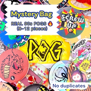 May include: A selection of vibrant 90s POGs, sold as a "Mystery Bag" containing 8-12 pieces. The image displays diverse designs, such as a red dragon, a yellow "POG" logo, and the text "No duplicates".