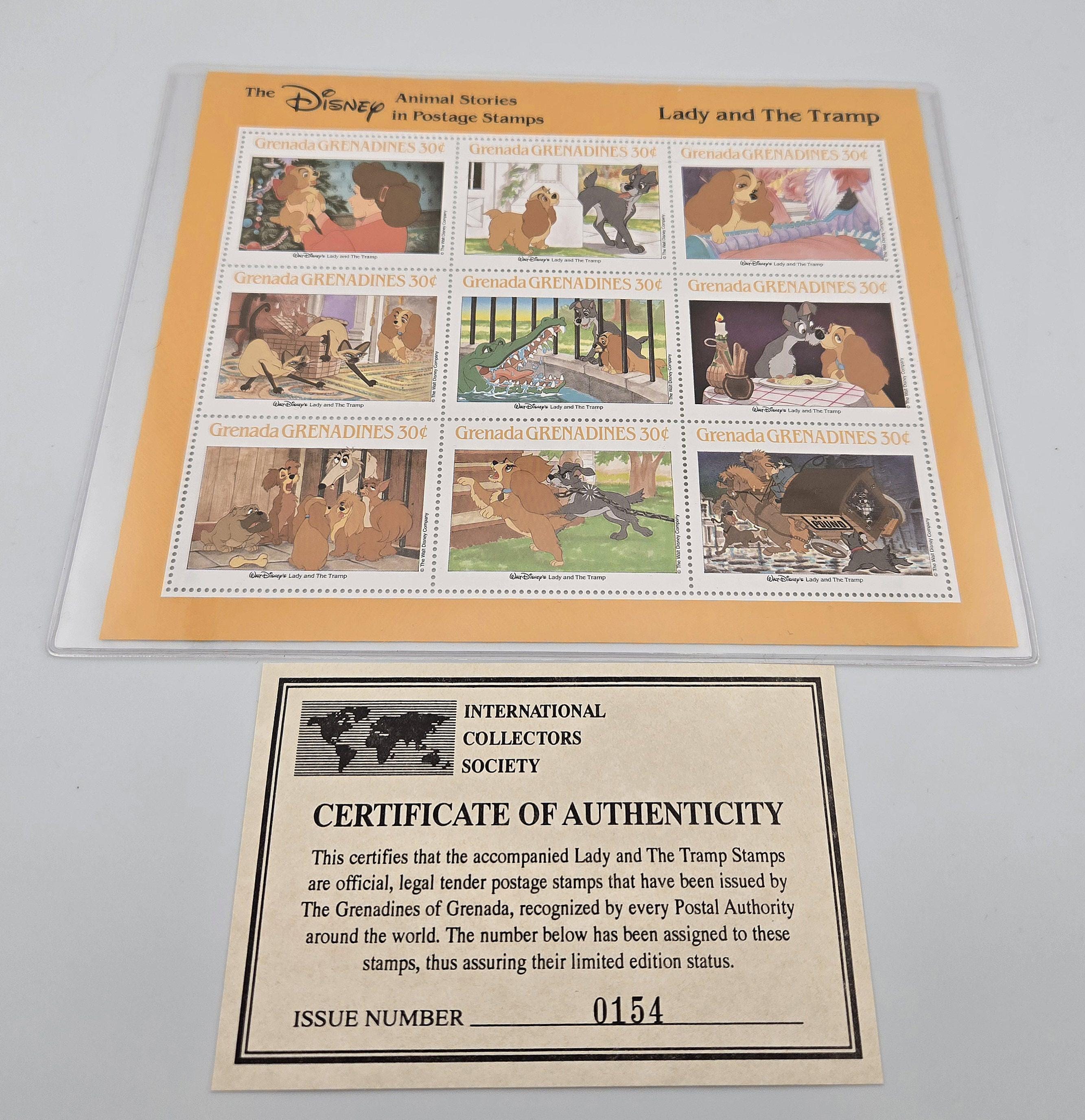 Disney Lady and the Tramp Stamp Sheet Gift 1990s Grenada COA